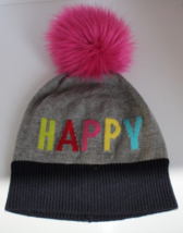 Baby Gap Beanie/Toboggan “Happy” Grey Hat With Pink Fluffy Pom Pom Size M/L - €5,74 EUR