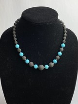 Vintage Turquoise Beaded Necklace, Black Lava Beads 20” .925 Sterling Silver - £26.75 GBP