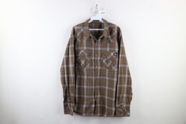 Vintage Dickies Mens XL Spell Out Western Pearl Snap Button Collared Shirt Brown - $39.55