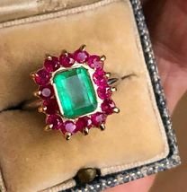  3.55Ct Vintage Green Emerald &amp; Ruby 14K Two Tone Gold Finish Cocktail Ring - £74.15 GBP