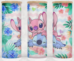 Frosted Glass Stitch and Angel Cartoon Tropical Floral Cup Mug Tumbler 25oz - £15.68 GBP