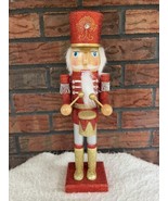 Christmas Nutcracker 14&quot; Wood Drummer Boy Red Silver Glitter White Fur G... - $28.50