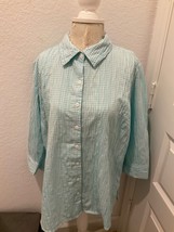 Croft Barrow Shirt Women’s Blouse Sz M Green White Checked Button Up 3/4... - £8.54 GBP