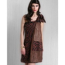 Nikka One Shoulder Zebra Print Silk Beaded Brown Dress Size 8 NWT! - $34.65