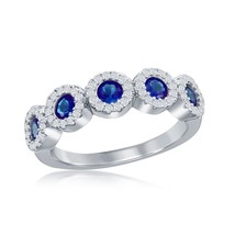 Sterling Silver Round White &amp; Sapphire CZ Half Eternity Ring - £36.44 GBP