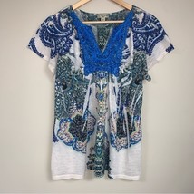 Blue Bohemian Art Print Women’s 1X Short Sleeve Blouse Top Wearable Art Gypsy - £20.24 GBP