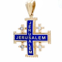 Jerusalem Cross Pendant 14K Yellow Gold Diamonds with Blue Enamel Unique Gift - £655.61 GBP