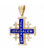 Jerusalem Cross Pendant 14K Yellow Gold Diamonds with Blue Enamel Unique... - £698.08 GBP