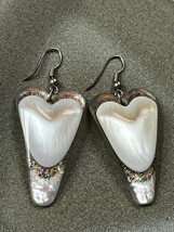 Large Unique Mother of Pearl &amp; Plastic w Colorful Sparkles HEART Dangle Earrings - £10.49 GBP