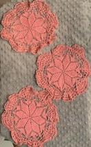 Set Of Three Pink Vintage Handmade  Crocheted Doilies 10x10 Granny Core - £9.33 GBP