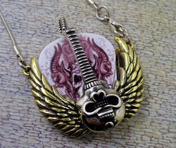 SKULL Guitar With Wings Pick Pendant Holder Necklace - £13.63 GBP