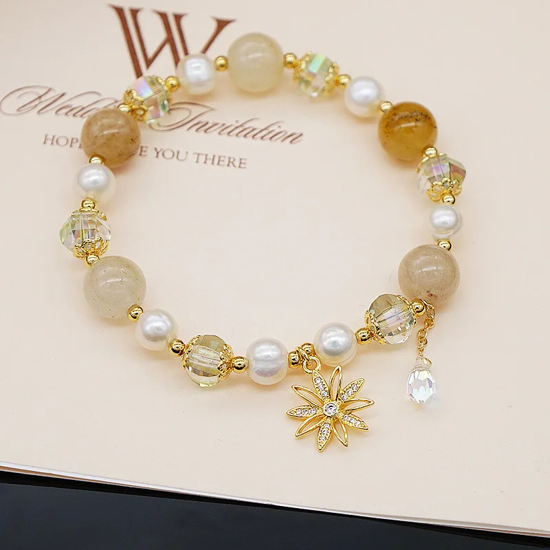 Lucky Flower Pendant Gold Color Crystal Stone Natural Freshwater Pearls Beaded S - £18.51 GBP