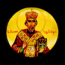 Russian Handpainted Brooches of Religous Saints_brooch_01, St. Nicholas - $10.84