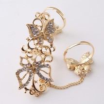 1PC Rhinestone Flower Butterfly Full Finger Ring Gold Chian Link Double Ring - £9.52 GBP