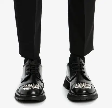 New Men Black Matte Genuine Leather Round Toe Sliver Spike Rivet Studded Lace Up - £162.95 GBP