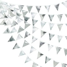 Silver Party Decorations Metallic Fabric Triangle Pennant Banner Silver Flag Bun - £25.57 GBP