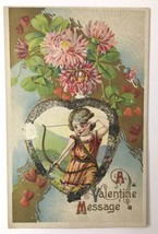 Antique Valentine&#39;s Day PC Cupid W/ Bow &amp; Arrow Hearts Flowers Embossed Glitter - £5.26 GBP