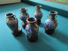 CHINESE AUTHENTIC CLOISONNE 6 MINI JARS VASES 2&quot; WITH WOODEN STAND IN OR... - £97.08 GBP