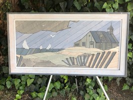 MOSIAC Original SEASCAPE WOOD CUT BEACH HOUSE HUGE VINTAGE EAST COAST CA... - £559.54 GBP