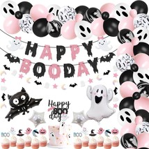 92 Packs Pink Black Halloween Birthday Party Kit Happy Boo Day Banner Cake Toppe - £39.95 GBP