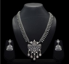 Temple Style Silver Color Pendant Oxidised Choker Necklace With Earrings - £20.14 GBP