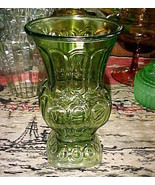 Thumb Print/Paneled Green Glass Vase 7¾&quot; tall,3½&quot; square base;4½&quot; flared... - £19.68 GBP