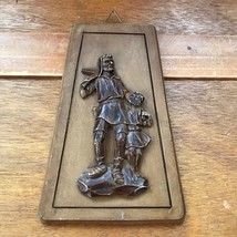 Vintage Small Carved Faux Wood Wall Plaque with Man and Child Holding Ha... - $8.59