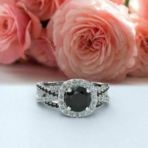 2.35Ct Round Cut  Black CZ Halo Engagement Ring  in 14K White Gold Plated-Silver - £106.80 GBP