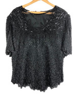 Vintage 1970s Laurence Kazar Beaded Top Large Black Mesh Elegant Party H... - $27.69