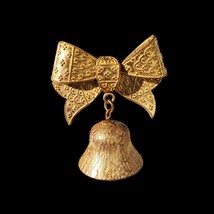 VTG Miriam Haskell Gold Tone Bow With Bell Brooch Textured Very RARE Chr... - £72.74 GBP