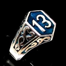 Sterling silver ring Lucky number 13 symbol Celtic design on Blue enamel high po - £91.59 GBP
