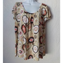 Jaclyn Smith Beige Orange Floral Blouse Women 2X Short Sleeves Stretch - $10.88