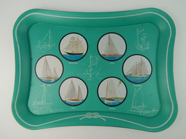 Mid-Century 1958 Turquoise / Teal metal serving TV tray Ships Boats Sloo... - £16.41 GBP