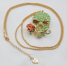 FAB Betsey Johnson Pave Rhinestone Skull With Rose In Teeth Necklace - £23.97 GBP