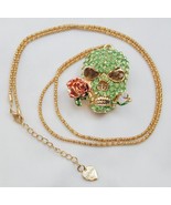 FAB Betsey Johnson Pave Rhinestone Skull With Rose In Teeth Necklace - £23.59 GBP