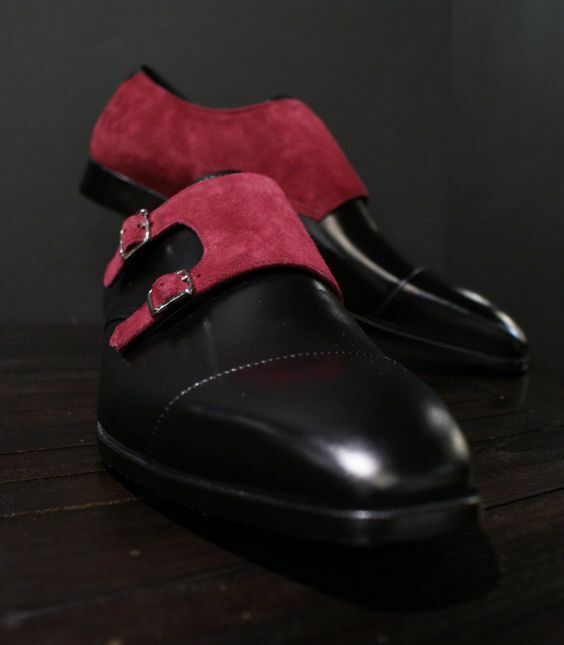 Red Black Leather Suede Double Monk Strap Decent Formal Mens Wear Shoes