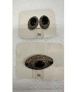 Thrifty Costume Jewelry Black Onyx FAKE Earrings &amp; Brooch Vtg - $29.44 CAD