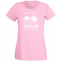 Womens T-Shirt Sunset Beach Palms &amp; Bungalows, Quote Another Day Paradis... - £19.54 GBP