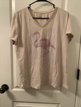 1 Pc Women&#39;s Flamingo Theme Beige Short Sleeve T-Shirt Tee V Neck Size XL - £27.14 GBP