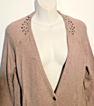 Nic &amp; Zoe cardigan sweater size L Button Long Sleeve V Neckline Sequins Taupe - £11.83 GBP