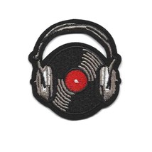 Dj Headphones Iron On Patch 2.25&quot; Music Vinyl Record Album Embroidered Applique - £3.86 GBP