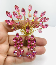 Vintage Gold Tone Pink Rhinestone Crystal Charms Brooch Clip On Earrings - $63.14