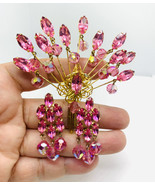 Vintage Gold Tone Pink Rhinestone Crystal Charms Brooch Clip On Earrings - £63.43 GBP