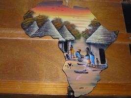 Estate Handpainted Tribal Hut Village on Wood Cut-Out in the Shape of Africa - £11.00 GBP