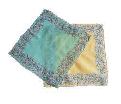 Two (2) Daffodil Handkerchiefs Yellow &amp; Blue White Grey Blooms Curling Green Lea - £13.59 GBP