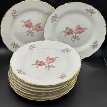 Czechoslovakia Salad Plates (8) Gold Trim Rose Pattern 7-3/4&quot; Porcelain - £22.35 GBP