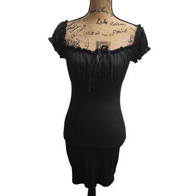 Saints Black Ribbed Bodycon Dress Ruched Peasant Cap Sleeve Square Neck - £13.39 GBP