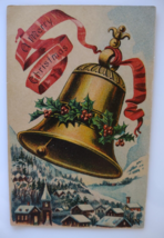 Merry Christmas Postcard Decorated Gold Bell Church Homes Mountains Vintage - £7.44 GBP