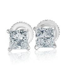 Solitaire Princess 1.22CT Diamond Stud 4 Prong Set Earrings 14k White Gold - £1,571.39 GBP