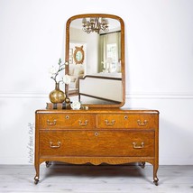 Antique Tiger Oak Quarter Sawn Dresser Vanity With Beveled Mirror| Casters | 3 D - £1,766.24 GBP
